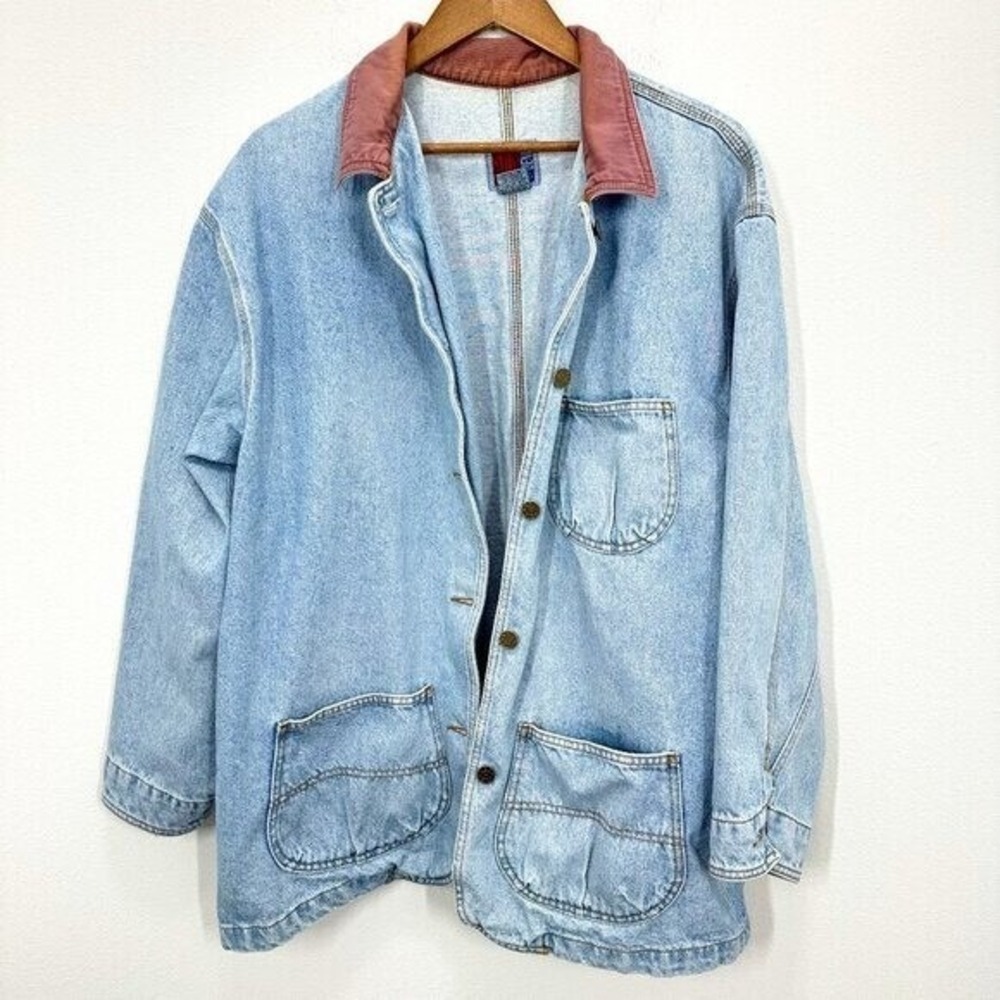 Vintage 90s Women's Size XL Denim Trench Chore Coat Light Wash‎ Contrast Collar